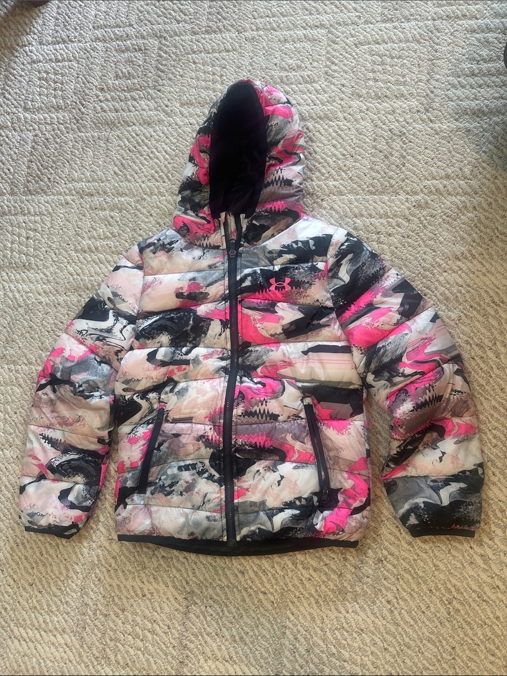 Under Armour Girls' Pink, Black & White Hooded Puffer Jacket - M
